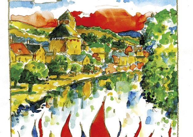 aquarelle: vue générale d'un beau village, avec au premier plan des flammes bleues et rouges