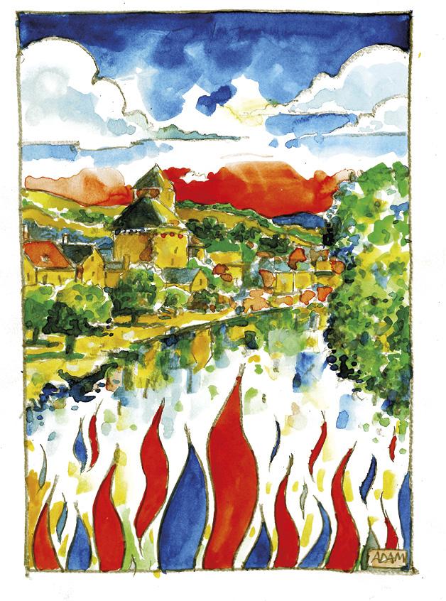 aquarelle: vue générale d'un beau village, avec au premier plan des flammes bleues et rouges