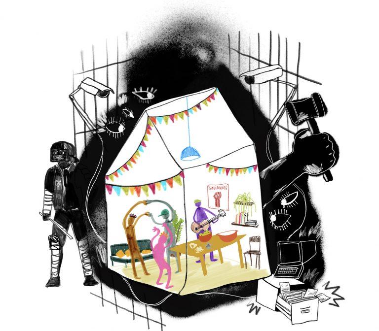 dessin d'une maison colorée avec des personnes gaies à l'intérieur, assaillie par des mains et des personnages sombres