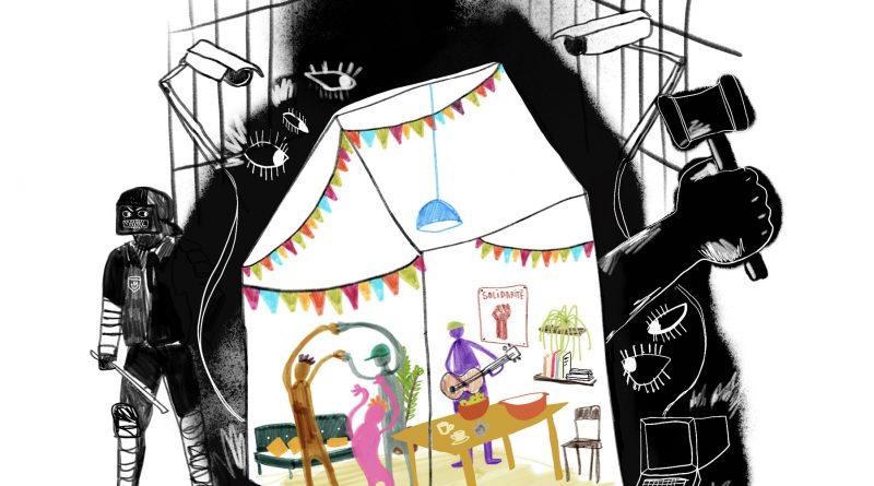 dessin d'une maison colorée avec des personnes gaies à l'intérieur, assaillie par des mains et des personnages sombres