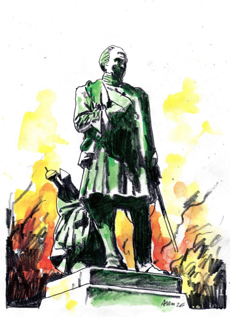 Aquarelle de la statue de Bugeaud à Excideuil&nbsp;: le maréchal est debout et tient une épée