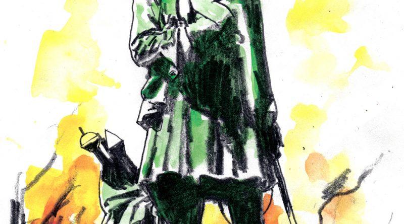 Aquarelle de la statue de Bugeaud à Excideuil : le maréchal est debout et tient une épée