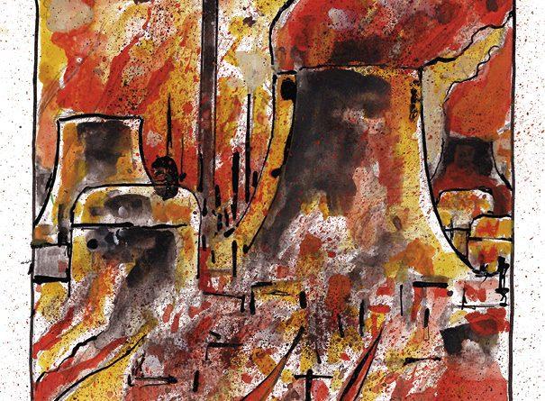 aquarelle. Une centrale nucléaire en feu