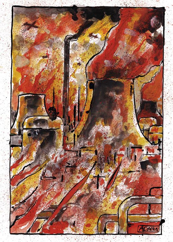 aquarelle. Une centrale nucléaire en feu