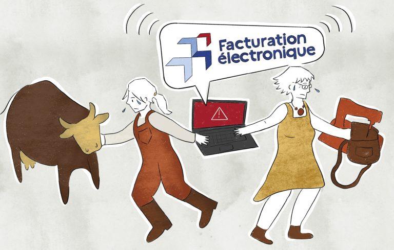 Dessin. Deux femmes se tournent le dos avec un ordinateur disant "facturation électronique" entre elles. L'une se tourne vers une vache et l'autre vers une machine à coudre. Les deux ont l'air stressées