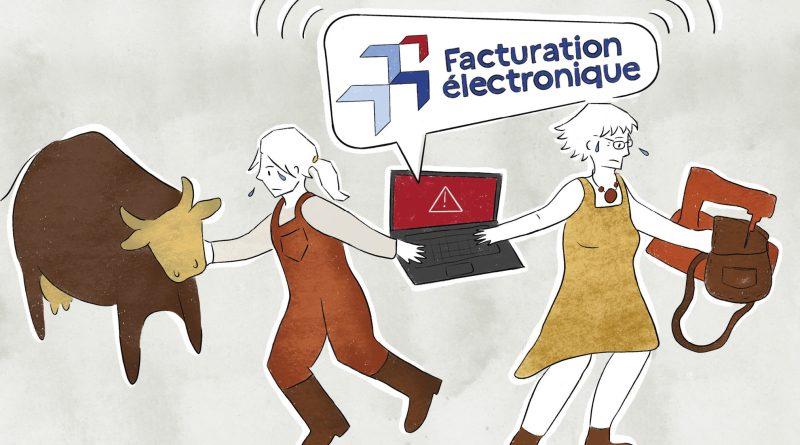 Dessin. Deux femmes se tournent le dos avec un ordinateur disant "facturation électronique" entre elles. L'une se tourne vers une vache et l'autre vers une machine à coudre. Les deux ont l'air stressées