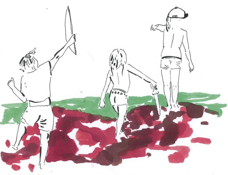 aquarelle et dessin de trois enfants de dos en mailot de bain ou short, jouant avec un arc, une épe