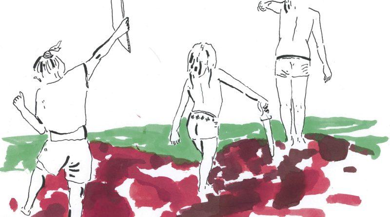 aquarelle et dessin de trois enfants de dos en mailot de bain ou short, jouant avec un arc, une épe