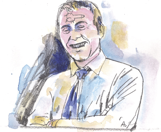 dessin d'un homme en costard cravate les bras croisés arrogant avec un graffiti de bite sur le front