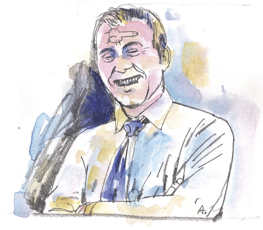 dessin d'un homme en costard cravate les bras croisés arrogant avec un graffiti de bite sur le front